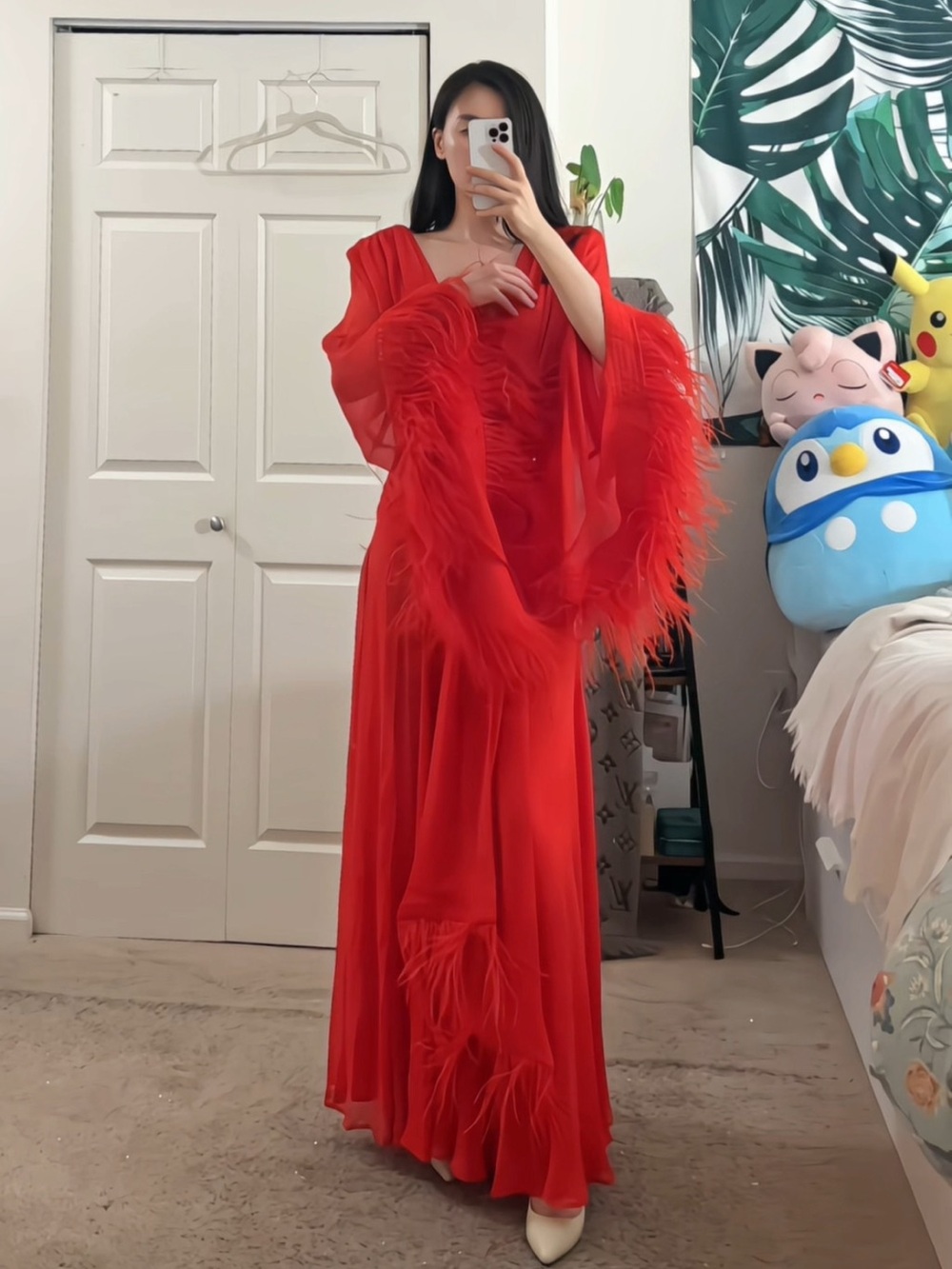 Bronx & Banco Geisha Ostrich Feather Trimmed Plunge High Slit Wrap Gown M NWOT - Picture 3 of 16